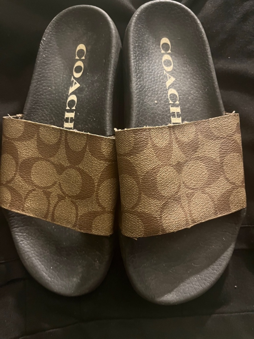 Coach Brown Monogram Slide Sandals with Black Footbed